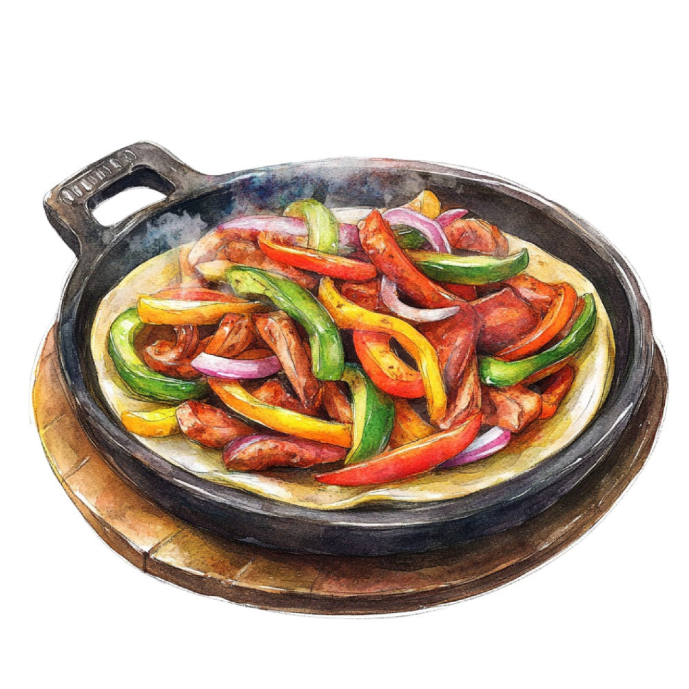 fajita, food, mexican cuisine, cast iron skillet, sizzling, sautéed vegetables, bell peppers, red pepper, green pepper, yellow pepper, onions, purple onion, tortilla, seared meat, kitchen art, culinary, food illustration, foodie, restaurant theme, diner, southwestern, tex-mex, warm colors, rust orange, forest green, golden yellow, cream, cast iron, rustic, traditional
