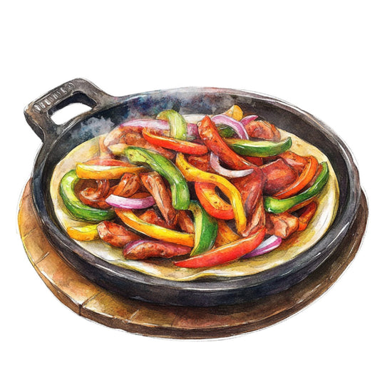 fajita, food, mexican cuisine, cast iron skillet, sizzling, sautéed vegetables, bell peppers, red pepper, green pepper, yellow pepper, onions, purple onion, tortilla, seared meat, kitchen art, culinary, food illustration, foodie, restaurant theme, diner, southwestern, tex-mex, warm colors, rust orange, forest green, golden yellow, cream, cast iron, rustic, traditional