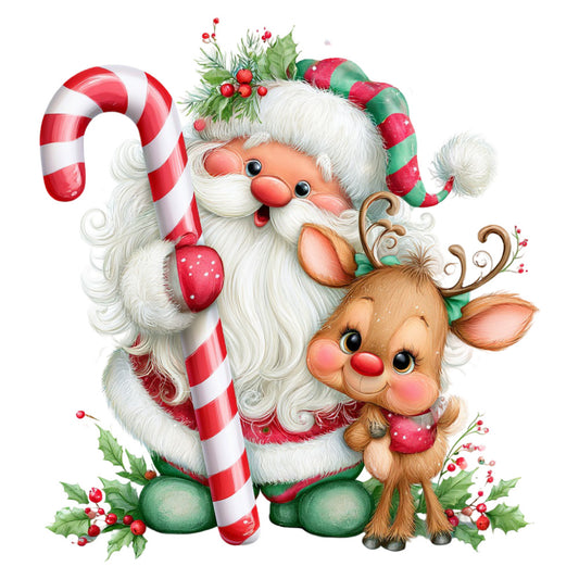 santa, reindeer, christmas, holiday, festive, candy cane, red and white, forest green, cream white, ivory, coral pink, whimsical, vintage, nostalgic, traditional, cute, jolly, decorated, holly berries, evergreen, metallic accents, children's, retro christmas, seasonal, winter, decorative motifs, cheerful, classic christmas theme