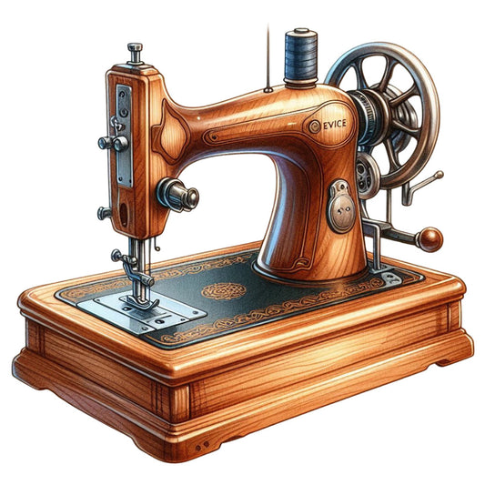 vintage sewing machine, antique sewing machine, wood grain, golden brown, warm brown, steely blue, teal accents, mechanical, steampunk, retro, nostalgic, crafting, sewing room, quilting room, heritage, traditional, elegant, ornamental detailing, decorative, collectible, timeless, heirloom, craftsmanship, needlework, textile arts, wall hanging, quilt panel, home decor, vintage inspired