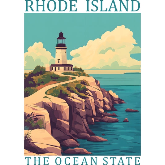 turquoise, teal, cream, coral, purple, lighthouse, coastal scene, rocky cliffs, ocean waves, vintage travel poster, retro illustration, rhode island, fabric panel, quilting cotton, nautical theme, seaside landscape, cliff dwelling, ocean state, maritime art, geometric clouds