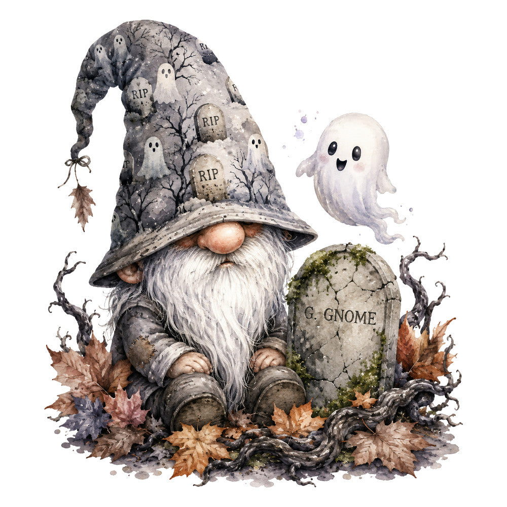halloween, gnome, ghost, autumn, fall, spooky, haunted, gravestone, tombstone, rip, dead tree, bare branches, witch hat, pointy hat, whimsical, folk art, fairy tale, woodland, nature, cream, gray, grey, brown, tan, rust, purple, moss green, vintage, rustic, seasonal