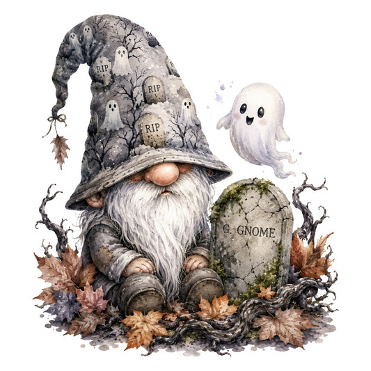 halloween, gnome, ghost, autumn, fall, spooky, haunted, gravestone, tombstone, rip, dead tree, bare branches, witch hat, pointy hat, whimsical, folk art, fairy tale, woodland, nature, cream, gray, grey, brown, tan, rust, purple, moss green, vintage, rustic, seasonal
