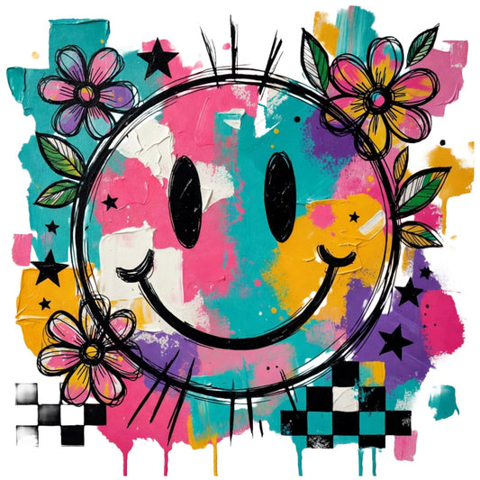 smiley face, colorful, turquoise, hot pink, magenta, yellow, purple, teal, whimsical, modern, abstract, floral, flowers, daisy, stars, checkered, geometric, cheerful, vibrant, retro, playful, bohemian, mixed media, paint splatter, graffiti art, youth, contemporary, happy face, fun, bright