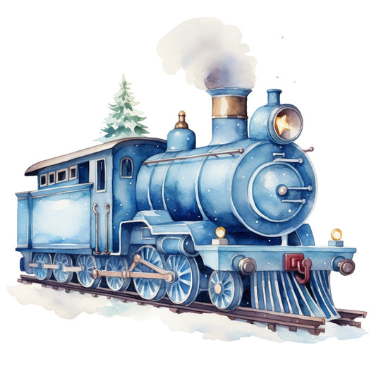 Blue Christmas Train Fabric Panel 6