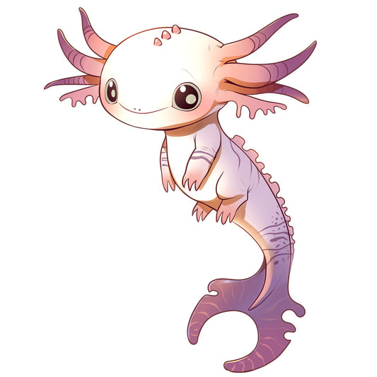 cartoon axolotl, pink salamander, purple gills, cute animal, kawaii style, aquatic creature, soft pastels, adorable character, fabric panel, quilting cotton, children's fabric, nursery decor, pink and purple, whimsical design, anime inspired, crafting material, sewing project, baby quilt, amphibian art