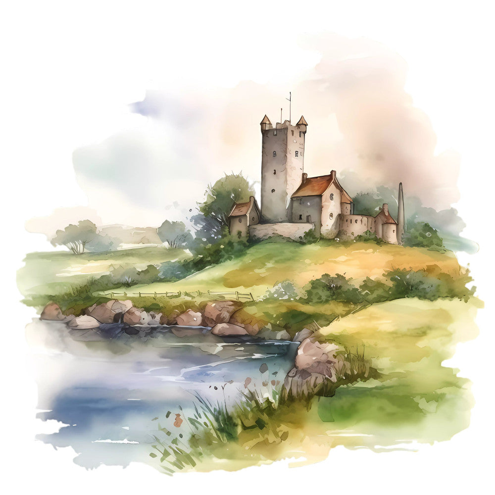 castle, medieval, watercolor, landscape, countryside, stone tower, turrets, flags, river, stream, rolling hills, green fields, nature scene, pastoral, storybook, fantasy, whimsical, rustic, traditional, cream, sage green, soft blue, tan, brown, muted tones, architecture, fortified structure, peaceful, scenic, european