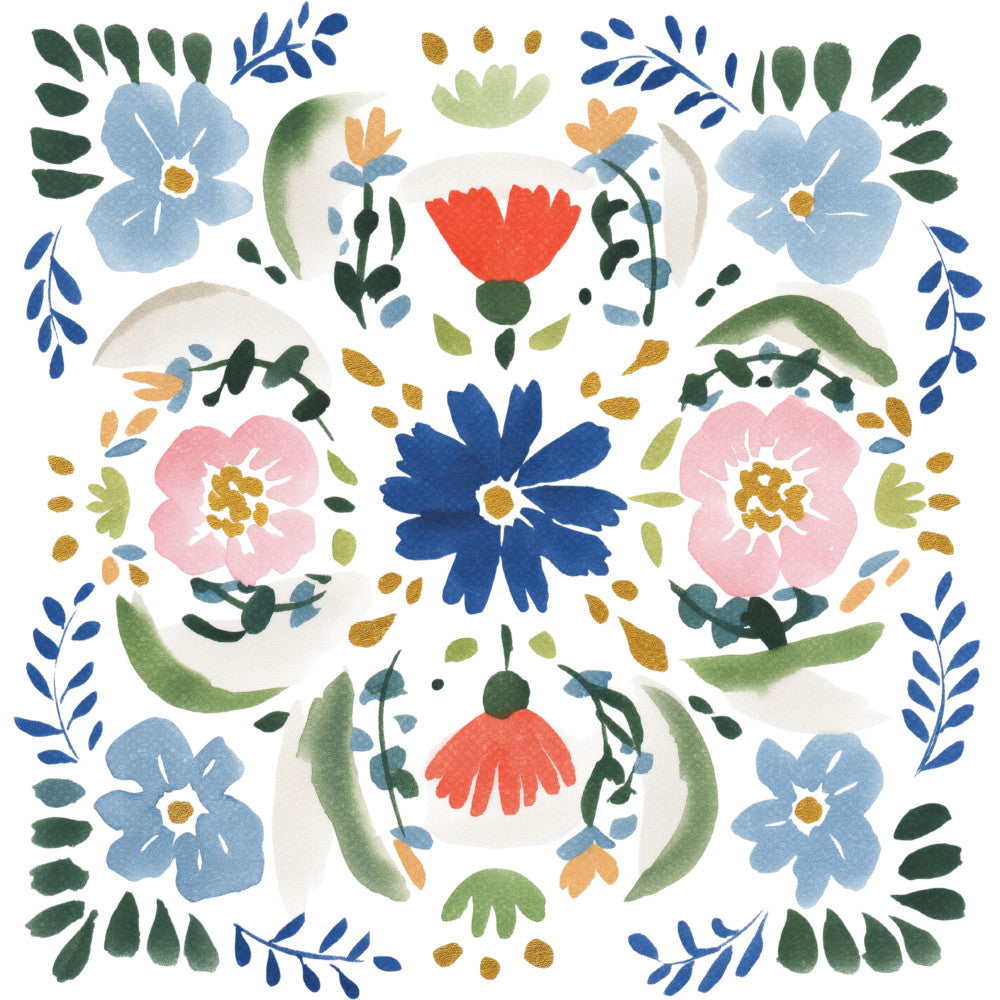 floral, botanical, nature, spring, summer, wildflower, blue flowers, pink flowers, red flowers, navy blue, sky blue, coral red, dusty rose, forest green, golden yellow, whimsical, modern, folk art, symmetrical, decorative, leaves, branches, flower garden, bright colors, cheerful, playful, petal motifs, daisy, zentangle style