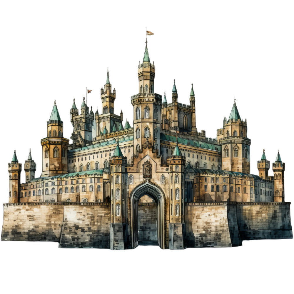 castle, fantasy, medieval, towers, turrets, architectural, stone, cream, tan, beige, gold, green, teal, gray, charcoal, detailed illustration, storybook, fairy tale, prince, princess, magical, whimsical, elegant, traditional, adventure, fantasy adventure, children, kids, nursery, panel quilt