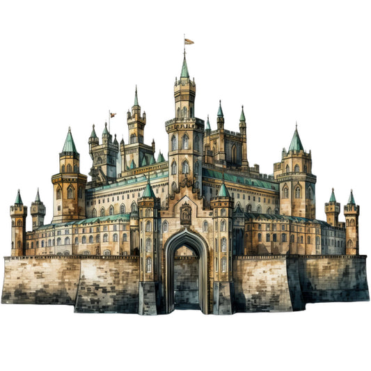 castle, fantasy, medieval, towers, turrets, architectural, stone, cream, tan, beige, gold, green, teal, gray, charcoal, detailed illustration, storybook, fairy tale, prince, princess, magical, whimsical, elegant, traditional, adventure, fantasy adventure, children, kids, nursery, panel quilt