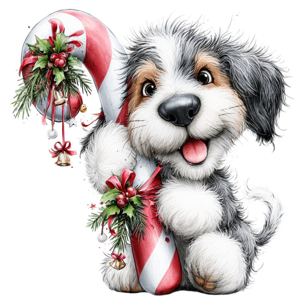 festive dog, holiday puppy, christmas dog, red and white, gray and white, cream colored, candy cane, evergreen, holly berries, gold bells, whimsical animals, cute dog, cheerful holiday, winter festive, seasonal decoration, christmas theme, pet lover, animal portrait, traditional christmas, joyful expression, holiday joy, family friendly, decorative panel, wall hanging, baby quilt, festive cheer, dog lover gift, playful style, heartwarming, holiday spirit