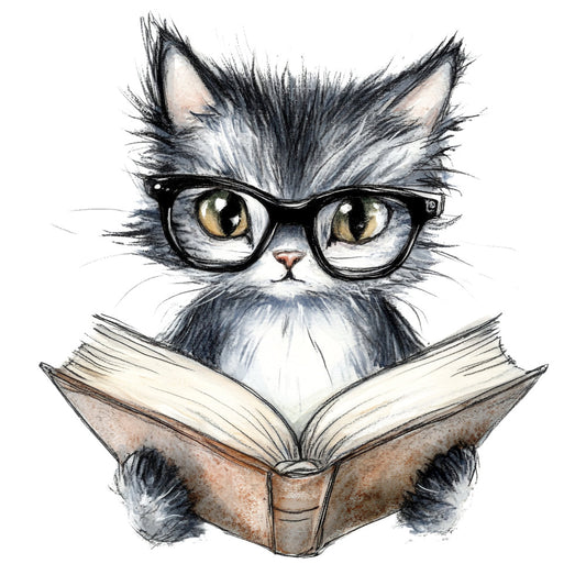 black and white, gray, cream, charcoal, tan, cat, feline, reading, book, glasses, intellectual, whimsical, humorous, quirky, cute, animal, literary, scholarly, modern, playful, portrait, face, illustration, artistic, decorative, novelty, conversation starter, home decor, wall hanging, classroom