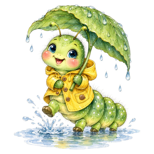 yellow raincoat, lime green, sage green, soft yellow, baby blue, raindrop, spring, whimsical, cute animals, caterpillar, nature, children's, adorable, playful, cheerful, rain theme, wet weather, puddle, spotted pattern, polka dots, children's clothing, nursery, baby fabric, storybook illustration, watercolor style, gentle, kawaii, young children, spring rain