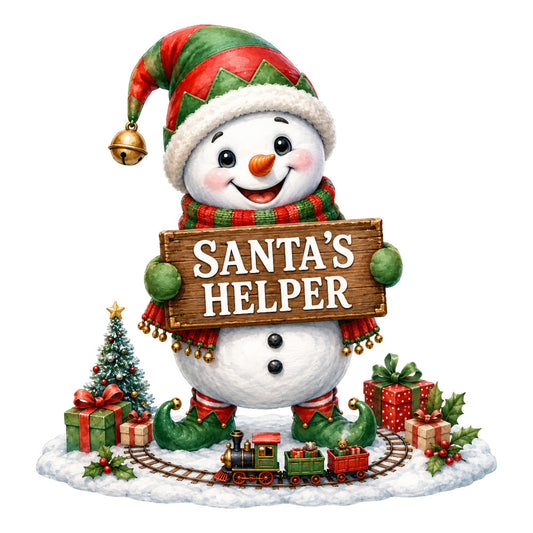 christmas, holiday, snowman, santa's helper, red, green, white, cream, orange, gold, festive, whimsical, cheerful, seasonal, winter, elf shoes, jingle bells, train, gifts, presents, decorative, children's, playful, nostalgic, traditional, vintage-inspired, joy, merry, cute characters, holiday décor