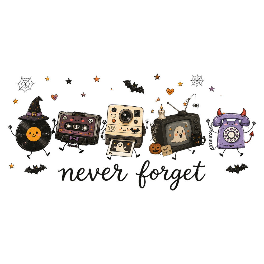 halloween, vintage, retro, nostalgic, black, purple, orange, cream, spooky, whimsical, playful, witch hat, bat, ghost, pumpkin, stars, hearts, telephone, camera, record player, tv set, demon horns, spider web, candle, autumn, fall, 1970s, groovy, quirky, cute characters