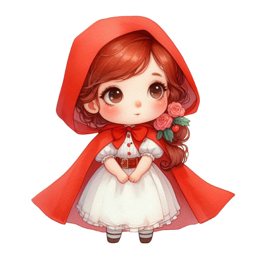 red riding hood, little red riding hood, storybook characters, fairytale, classic tale, red cape, crimson red, cream white, burnt sienna, character illustration, whimsical, storybook, children's, girls, cute characters, big eyes, sweet, nursery, fairy tale, vintage storybook, roses, floral accents, striped stockings, character panel, children's literature, classic characters, fantasy, enchanted, story time, book inspired