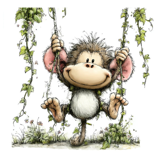 monkey, cute animals, whimsical, children's, baby quilt, nature, vines, leaves, playful, charming, storybook, illustration, gray, cream, dusty rose, pink ears, green foliage, hanging vines, hop plant, botanical, nursery, kid's fabric, character design, watercolor style, spring, summer, friendly, animal characters, decorative panel