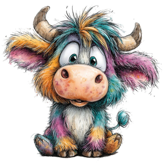 colorful highland cow, whimsical cow, turquoise, magenta pink, golden yellow, orange, purple, multicolor, animal print, cow face, cute cow, children's fabric, novelty print, whimsical style, playful design, bright colors, rainbow colors, farm animals, nursery fabric, baby quilt, kids fabric, charming print, folk art style, decorative panel, illustration style, character fabric, cute animals, pastoral theme, colorful animals