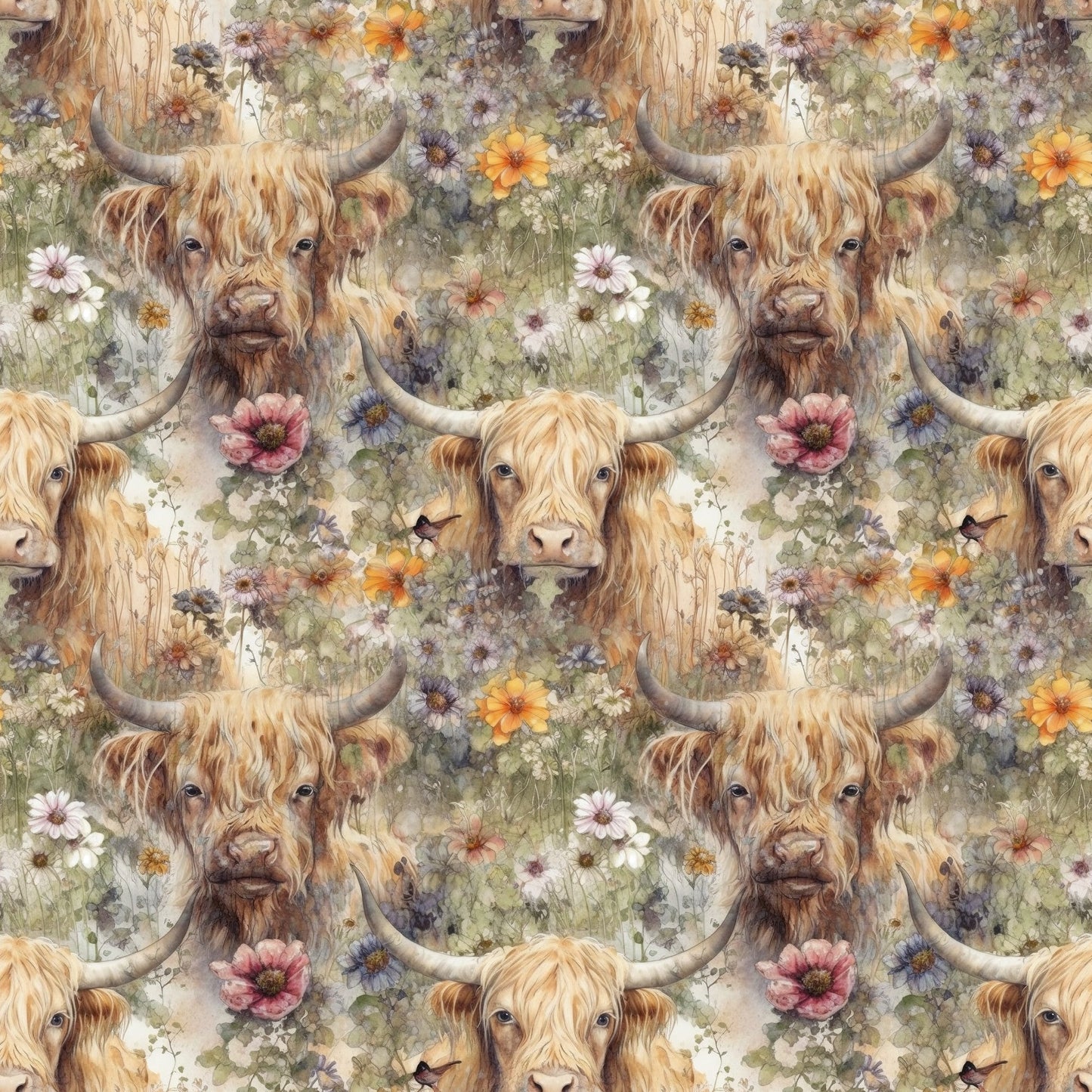Floral Highland Cows Allover Pattern 1 Quilting Cotton Fabric