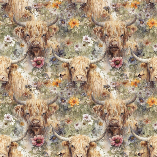Floral Highland Cows Allover Pattern 1 Quilting Cotton Fabric