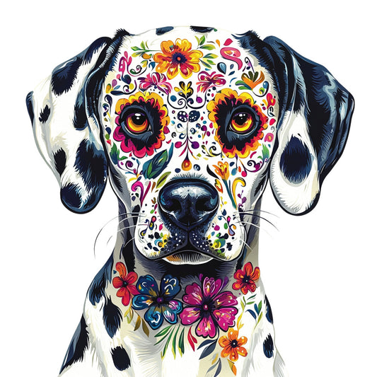dog face, sugar skull, floral, colorful, black and white, vibrant, whimsical, bohemian, day of the dead, painted dog, decorative flowers, animal portrait, modern art, bright colors, yellow eyes, folk art, playful, artistic, spring flowers, daisies, poppies, magenta, golden yellow, navy blue, cream white, ornamental, decorative pattern, pet themed, illustration style, contemporary