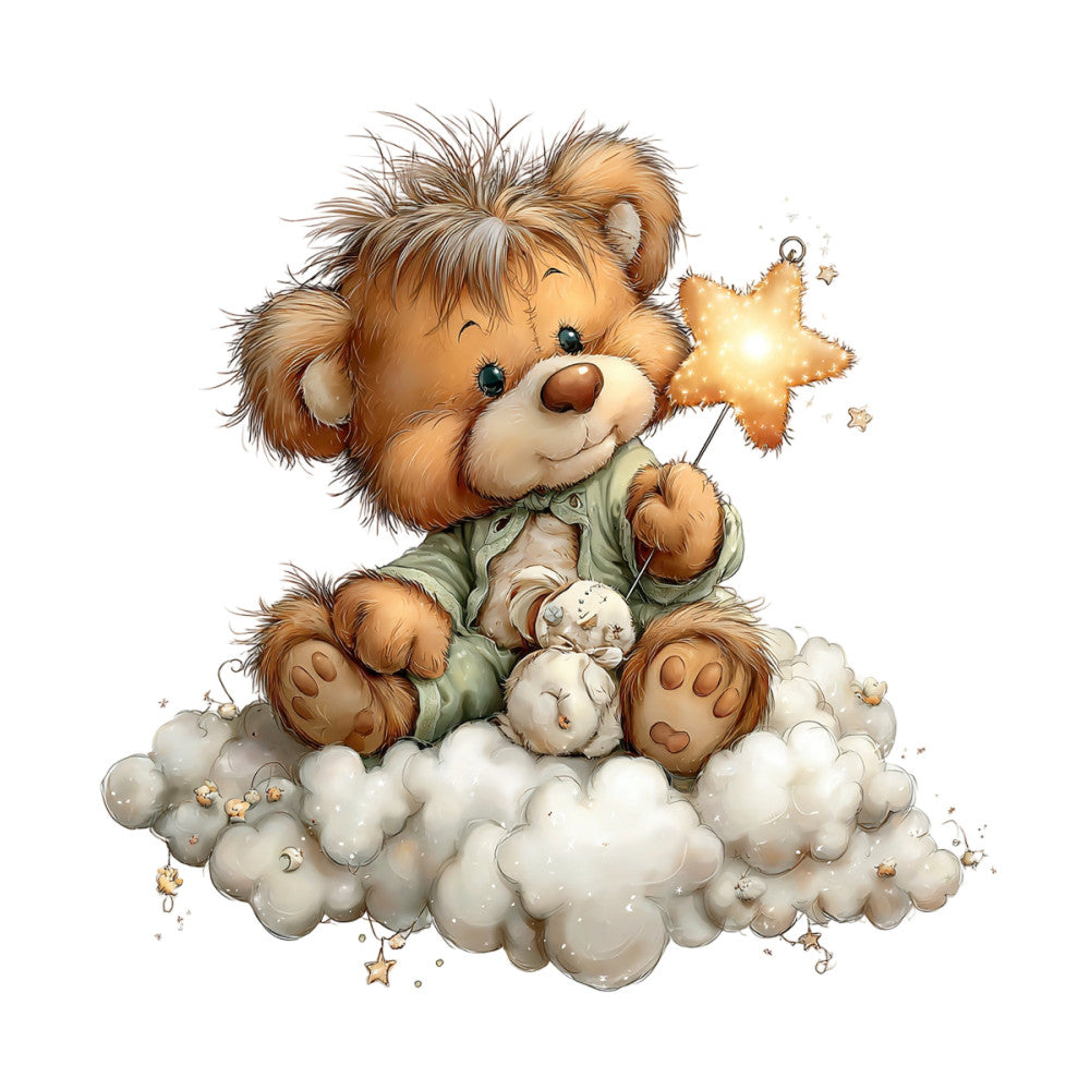 teddy bear, cute animals, baby nursery, whimsical, clouds, stars, gold accents, cream, tan, brown, soft colors, children's, dreamy, celestial, magical, sweet, adorable, baby shower, nursey decor, stuffed animal, fluffy clouds, golden stars, gender neutral, gentle, soft style, cloud motif, star motif, bedding, crib quilt