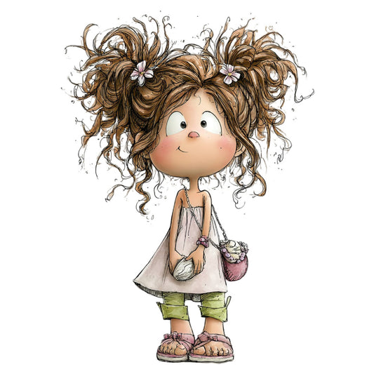 brown curly hair, pigtails, flower hair clips, rosy cheeks, whimsical, children's illustration, girl character, cute, charming, cream beige, sage green, mauve pink, casual clothing, sandals, basket, sweet, playful, storybook, children's fabric, nursery, baby girl, character panel, illustrated children, vintage children's style, innocent, cheerful, decorative