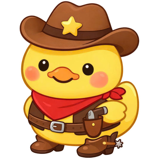 cowboy duck, yellow, brown, red, gold star, western, cute animals, whimsical, farm animals, duck character, bandana, cowboy hat, sheriff badge, holster, pistol, playful, children, baby, novelty, character print, friendly, smiling, rosy cheeks, boots, spurs, rustic charm, farmhouse style, fun, lighthearted