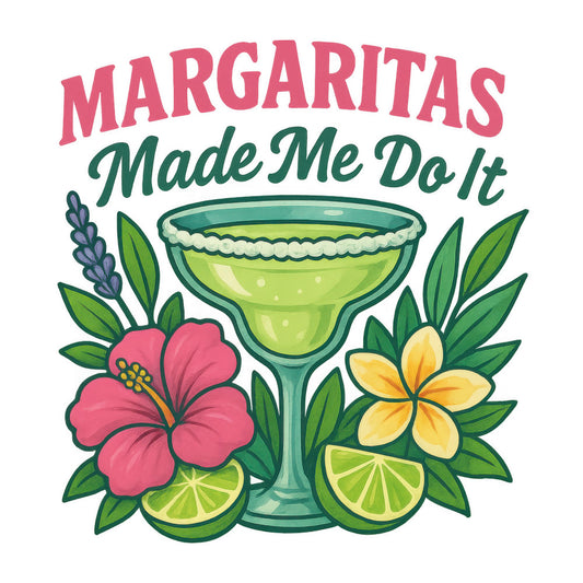 margarita glass, tropical flowers, hibiscus, plumeria, lime slices, green glass, coral pink, yellow flowers, lavender sprigs, tropical leaves, cocktail theme, summer vibes, fabric panel, quilting cotton, beach party, vacation motif, drinking humor, floral arrangement, citrus fruits, teal accents