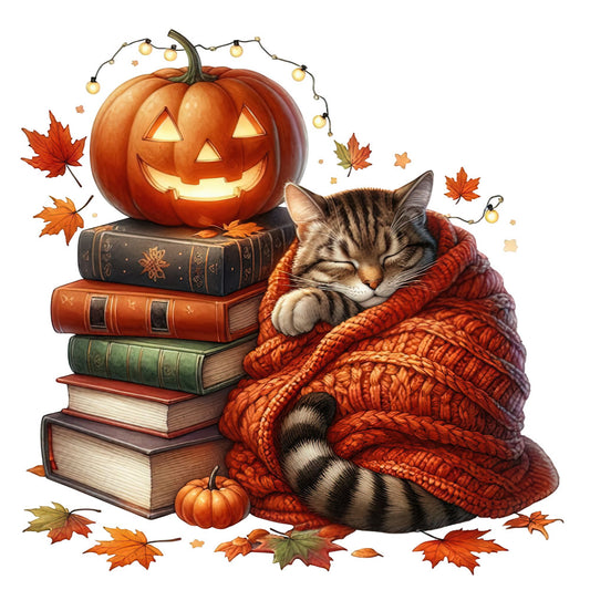 autumn, fall, halloween, pumpkin, jack-o-lantern, cat, tabby cat, cozy, sweater, knit, books, reading, orange, rust, burgundy, forest green, warm colors, whimsical, seasonal, harvest, thanksgiving, maple leaves, string lights, spooky, literary, comfort, hygge, animal, nature, vintage books