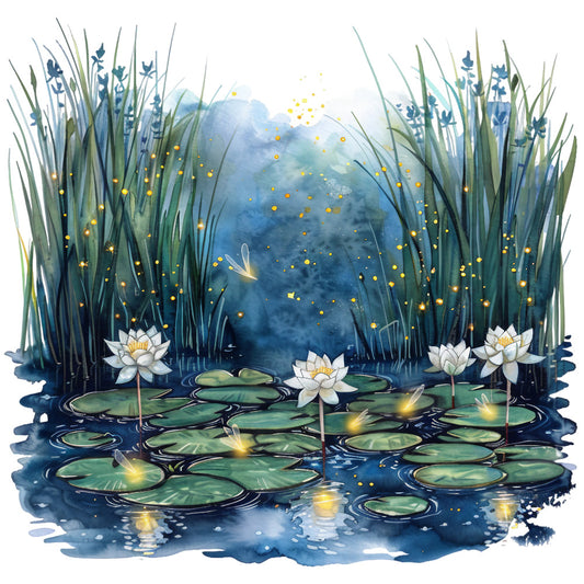 watercolor, summer pond, lily pads, white lotus flowers, blue water, green reeds, cattails, fireflies, golden lights, dragonfly, nature scene, serene landscape, fabric panel, quilting cotton, botanical design, wetland scene, twilight atmosphere, peaceful mood, aquatic plants, magical lighting