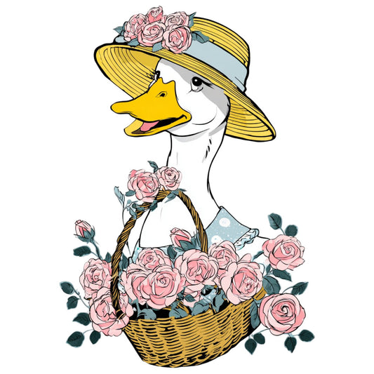 duck, goose, waterfowl, yellow, dusty rose, pink, white, light blue, sage green, floral, roses, flowers, basket, hat, bonnets, whimsical, vintage, cottage core, farmhouse, spring, summer, garden, elegant, romantic, nature, animals, birds, charming, storybook, illustration style