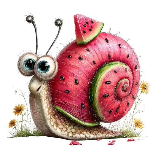 watermelon snail, whimsical animals, coral pink, sage green, cream beige, nature inspired, garden creatures, illustrated, storybook, children's, playful, quirky, summer, spring, daisy flowers, yellow flowers, slug, mollusk, food themed, fruit, sweet, cute, decorative panel, wall art, kids quilt, nursery, fantasy, charming, detailed illustration, botanical