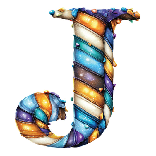 celestial, cosmic, galaxy, starry, night sky, gold, orange, blue, purple, teal, turquoise, cream, striped, swirled, whimsical, fantasy, magical, dimensional, glowing, luminous, planets, space theme, modern, contemporary, bold, vibrant, letter j, monogram, nursery, children's