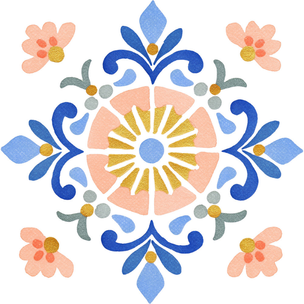 navy blue, cornflower blue, peachy pink, dusty rose, sage green, gold, floral, geometric, mandala, symmetrical, medallion, damask, traditional, elegant, whimsical, ornamental, botanical, flowers, decorative scrolls, spring, summer, nature-inspired, folk art, cottage style, vintage, classic, timeless, wall hanging, quilt panel, center medallion