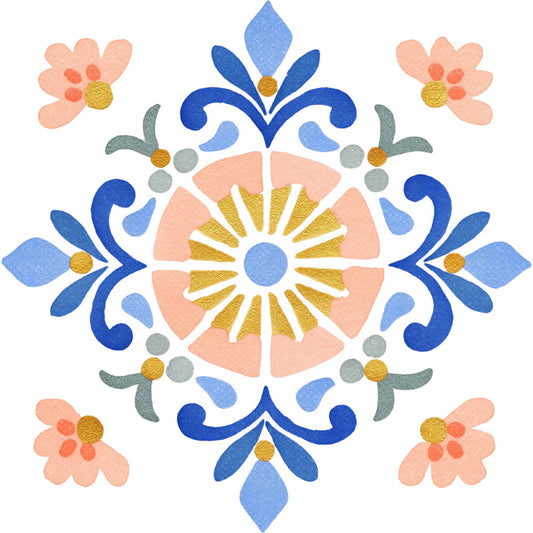 navy blue, cornflower blue, peachy pink, dusty rose, sage green, gold, floral, geometric, mandala, symmetrical, medallion, damask, traditional, elegant, whimsical, ornamental, botanical, flowers, decorative scrolls, spring, summer, nature-inspired, folk art, cottage style, vintage, classic, timeless, wall hanging, quilt panel, center medallion