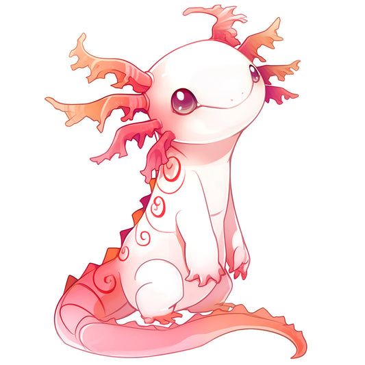 cartoon axolotl, pink fabric, coral colors, peach tones, white background, cute character, kawaii style, animal design, salamander creature, gills, decorative swirls, adorable expression, fabric panel, quilting cotton, children's fabric, nursery theme, aquatic animal, soft pastels, whimsical design, craft material