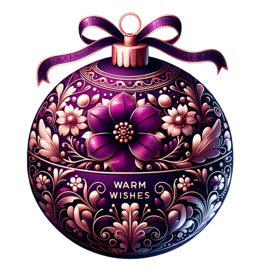 purple, magenta, pink, coral, christmas ornament, floral design, decorative bow, intricate patterns, holiday fabric, quilting panel, ornate details, festive ornament, botanical motifs, rich colors, christmas decoration, fabric crafting, seasonal panel, elegant florals, holiday sewing, ornament design