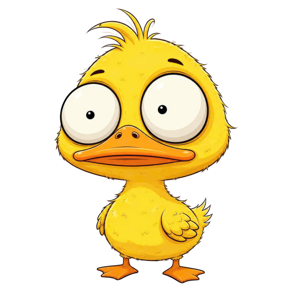 bright yellow, golden yellow, orange, white, cartoon bird, cute chick, whimsical, playful, children's, baby, animal, bird theme, duck, funny face, expressive eyes, comic style, animated, cheerful, happy, vibrant, primary colors, illustration style, nursery, kid's apparel, novelty print, character design, spring, summer, juvenile theme