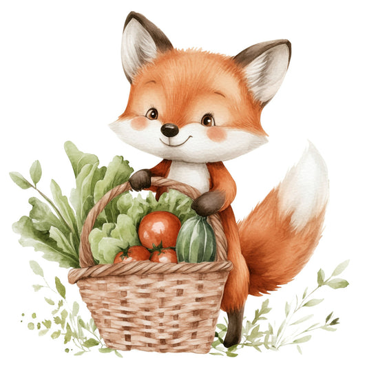 fox, woodland animals, cute animals, whimsical, rustic, farmhouse, harvest, autumn, spring, nature, garden, vegetables, tomato, lettuce, basket, orange, cream white, sage green, rust orange, burnt orange, woodland, storybook, children's, kid-friendly, animal illustration, cottage core, pastoral, folk art, adorable, friendly