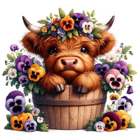 Cute Highland Cows in Buckets Fabric Panel 4 features an adorable highland calf with flowers in a wooden bucket, printed on premium quilting cotton.