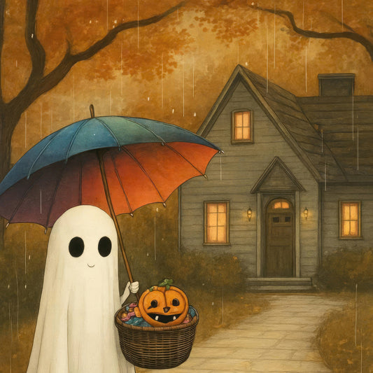halloween, ghost, pumpkin, autumn, fall, orange, cream, blue, teal, brown, rust, gold, tan, whimsical, spooky, cute, trick or treat, candy basket, haunted house, rainy day, umbrella, gnarled tree, festive, seasonal, children's, novelty, folk art, storybook illustration, charming, cozy