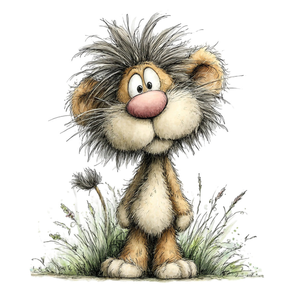 whimsical, cartoon character, fuzzy creature, children's, animals, cute, expressive eyes, tan, brown, cream, black, grass, nature, playful, humorous, illustration, hand-drawn, character panel, kids fabric, nursery, storybook, woodland, quirky, fun, baby quilt, wall hanging, novelty print