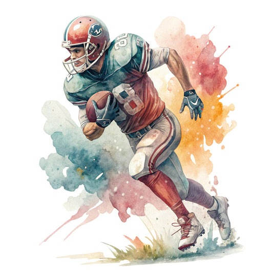 football, sports, watercolor, abstract, athlete, american football, teal, burgundy, rust orange, coral pink, dusty rose, cream, watercolor splash, ink bleed, dynamic movement, masculine, modern art, athletic wear, team colors, action pose, gradient, artistic, contemporary, sports themed, paint splatter, boys, men, active lifestyle