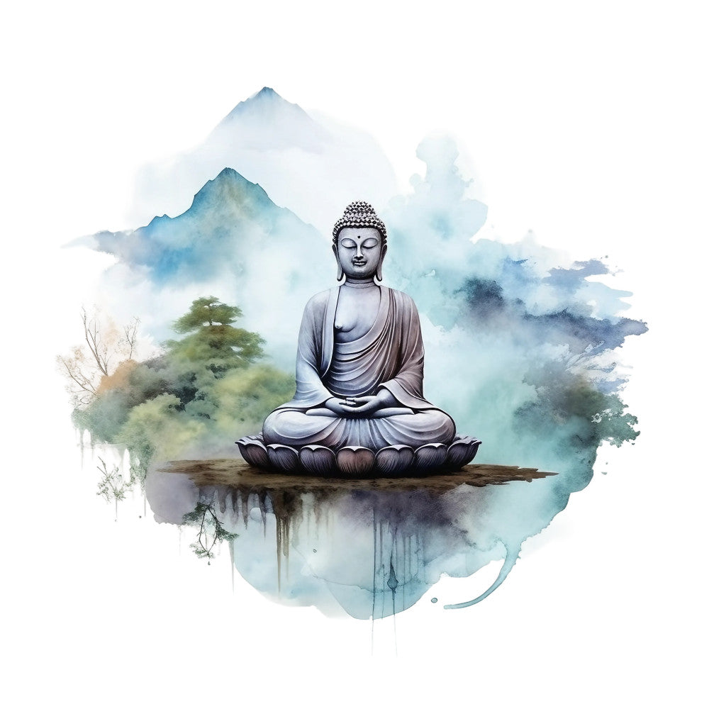 watercolor, buddha, meditation, lotus flower, serene, peaceful, blue tones, gray tones, green foliage, mountains, clouds, spiritual, zen, sitting pose, fabric panel, quilting cotton, nature scene, tranquil, soft brushstrokes, asian inspired