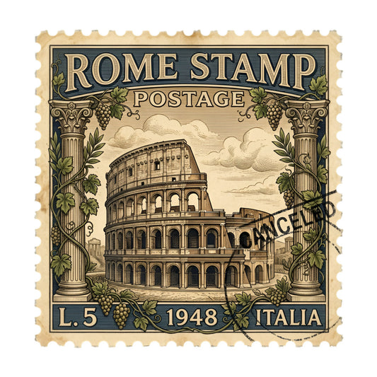 vintage, rome, colosseum, italy, postage stamp, architectural, historical, cream, beige, navy blue, gold, green, classical, ornate, corinthian columns, grapes, vines, grapevines, elegant, traditional, european, travel theme, tourism, retro, 1948, antique, cultural, monument, heritage, sophisticated