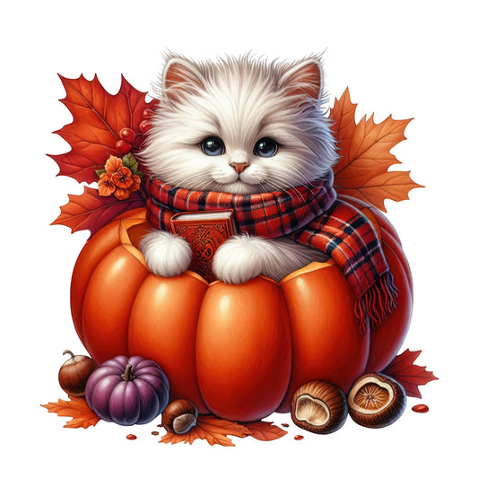 white cat, orange pumpkin, autumn leaves, fall theme, halloween, thanksgiving, cozy, whimsical, plaid scarf, red plaid, maple leaves, seasonal, harvest, burnt orange, cream white, rustic, festive, cute animals, nature inspired, woodland, comfort, warm tones, striped scarf, acorn, decorative, soft style, autumn colors, spiced tones, folk art