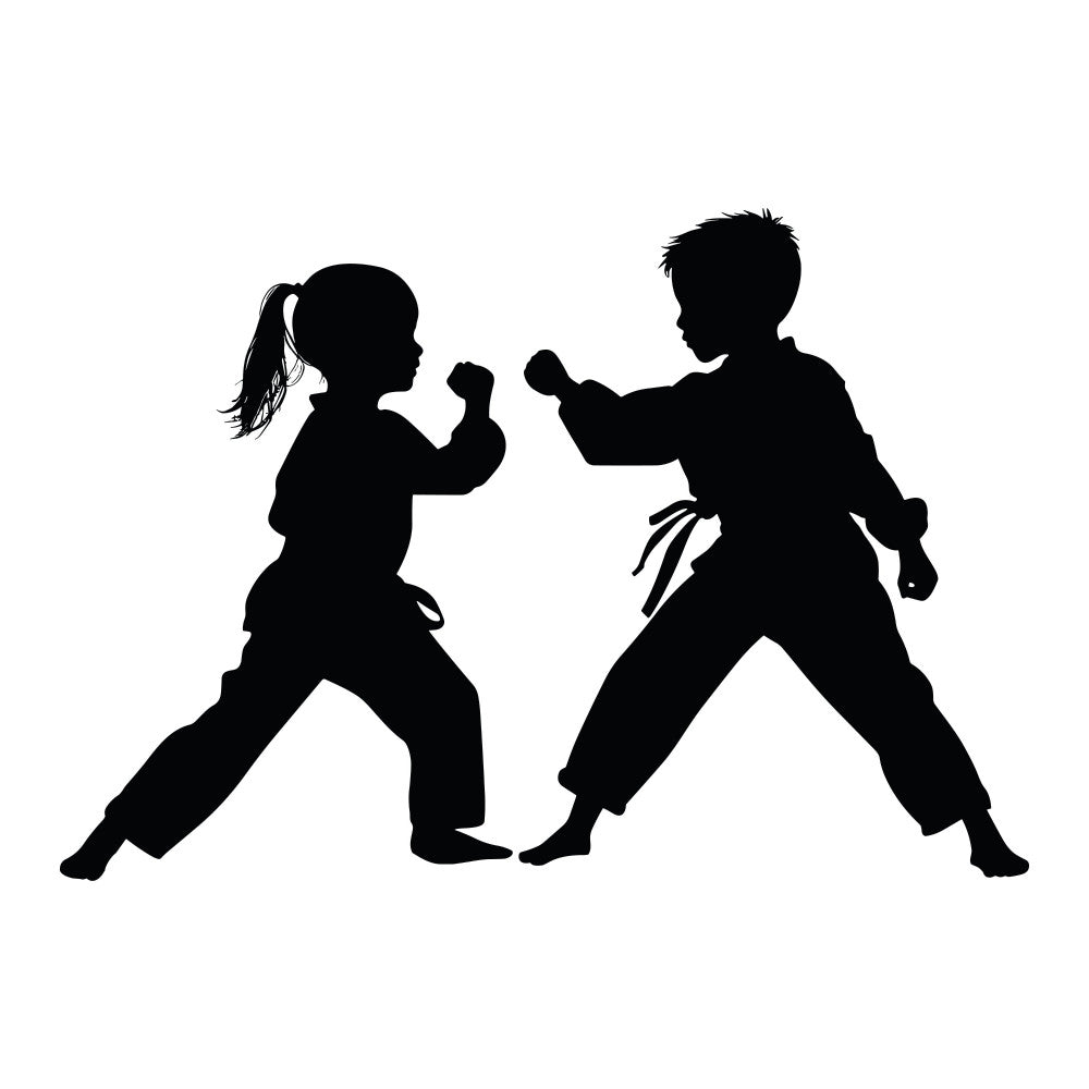 martial arts, karate, children, kids, sports, silhouette, black and white, monochrome, action, fighting, boys, girls, gender neutral, playful, whimsical, dynamic, athletic, youth, beginner martial artist, dojo, combat sports, judo, taekwondo, active wear, modern, contemporary, instructional, educational, training, belt ranking
