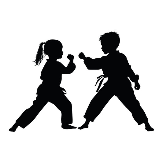 martial arts, karate, children, kids, sports, silhouette, black and white, monochrome, action, fighting, boys, girls, gender neutral, playful, whimsical, dynamic, athletic, youth, beginner martial artist, dojo, combat sports, judo, taekwondo, active wear, modern, contemporary, instructional, educational, training, belt ranking