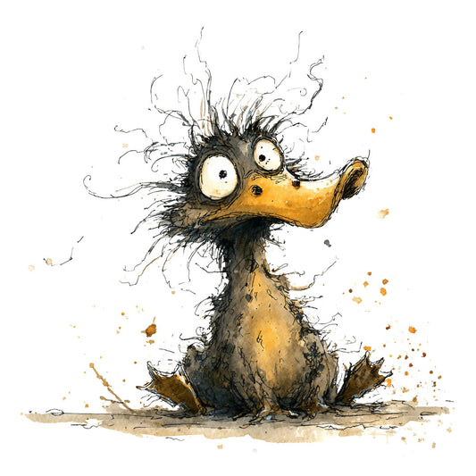 whimsical creature, cartoon character, golden yellow, burnt orange, charcoal gray, black ink, watercolor style, quirky animal, expressive eyes, playful illustration, children's design, storybook art, ink splatter, artistic sketch, fun character, kids fabric, character panel, illustration art, whimsical style, rustic charm, earthtone colors, splattered ink effect, animated creature, playful creature, character design, children's decor, nursery theme, storybook character, wall art, youth design